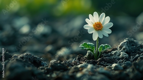  A solitary white bloom resting atop a rocky terrain surrounded by leafy growth from its core
