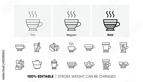 Mocha, Cappuccino and Latte. Coffee types and Tea icons. Americano cup linear icon set. Line icons set. Vector