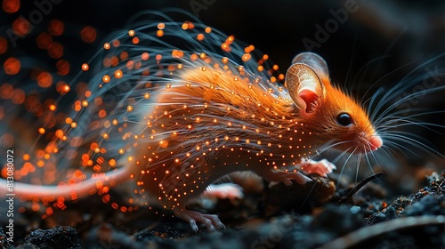   A close-up of a mouse illuminated by lights  against a serene backdrop of water