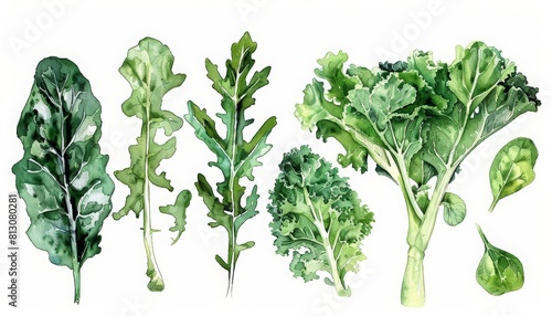 A set of watercolor of kale and spinach, bursting with nutrients, ideal for a refreshing green smoothie photo