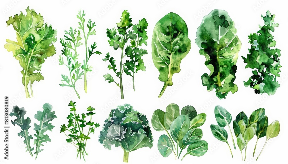 A set of watercolor of kale and spinach, bursting with nutrients, ideal for a refreshing green smoothie A set of watercolor of kale and spinach, bursting with nutrients, ideal for a refreshing green smoothie