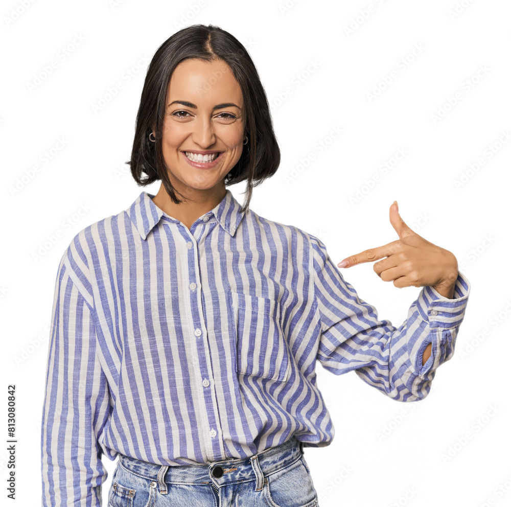 Young Caucasian woman with short hair person pointing by hand to a shirt copy space, proud and confident Young Caucasian woman with short hair person pointing by hand to a shirt copy space, proud and confident