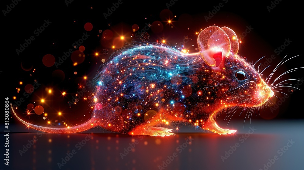 A vibrant rat atop a black table with a red ribbon adorning its head A vibrant rat atop a black table with a red ribbon adorning its head