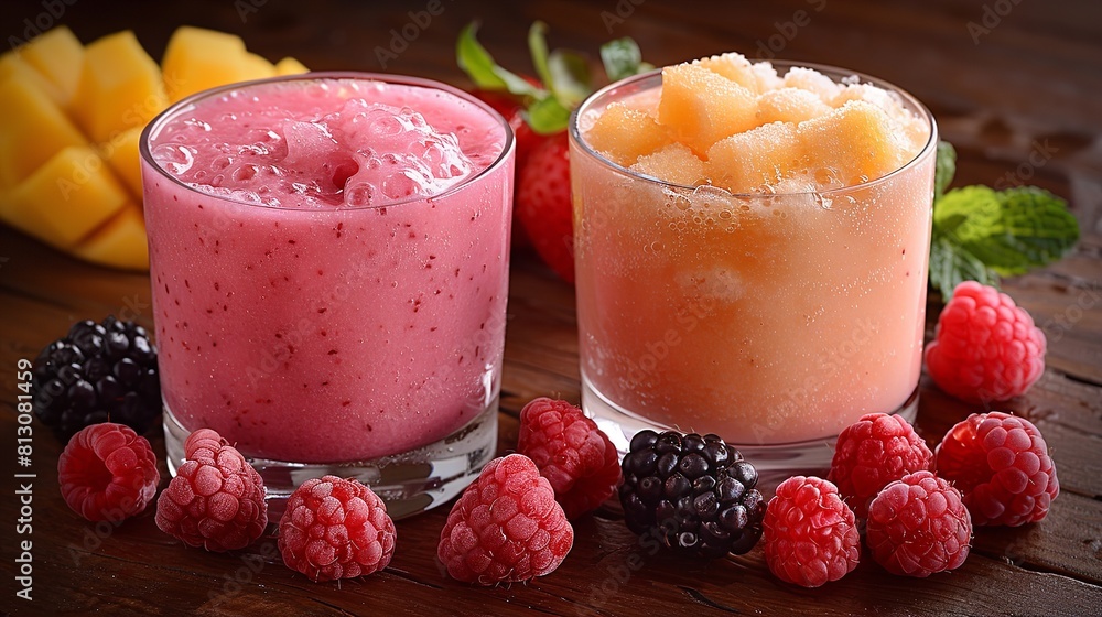 Two glasses filled with colorful fruit smoothies placed on a rustic wooden table Two glasses filled with colorful fruit smoothies placed on a rustic wooden table