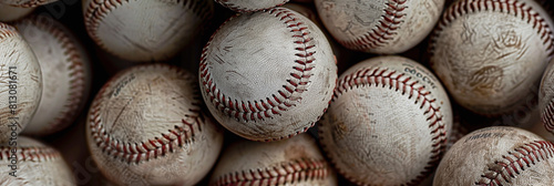 Baseball balls background with red stitching lying in a pile photo
