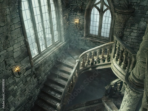 Inside a medieval castle, a staircase leads to an arched entrance. The building's interior showcases the palace's architectural splendor and historic charm