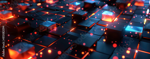 Abstract background with cubes and glowing elements, blue, red, and orange colors. Background of digital technology concept