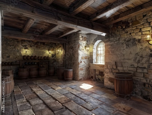 wine cellar with grand arches and sturdy stone columns supporting vaulted ceilings  reflecting light from stained glass windows