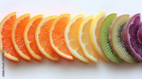  A row of cut-up fruit on a white counter, surrounded by oranges and kiwis photo