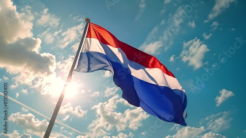 .Dutch Flag Seamless Smooth Waving Animation. Wonderful Flag of the Netherlands with Folds. Symbol of the Kingdom of the Netherlands. Flag background. In the blue sky. Holland 4k
