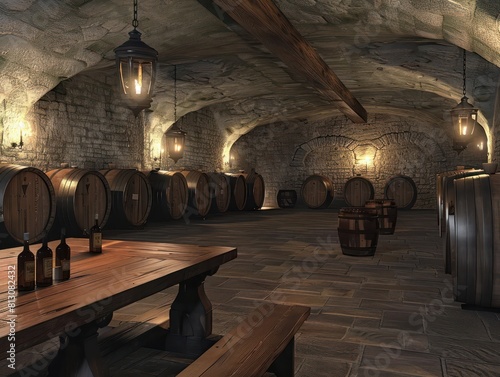 wine cellar with grand arches and sturdy stone columns supporting vaulted ceilings  reflecting light from stained glass windows