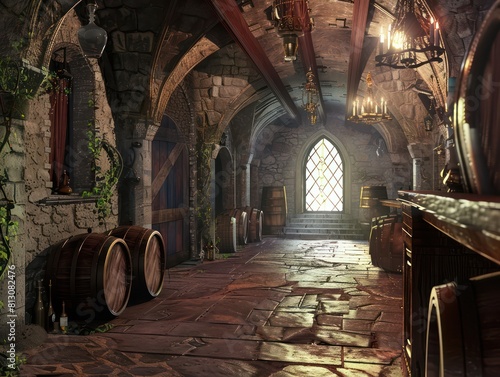 wine cellar with grand arches and sturdy stone columns supporting vaulted ceilings  reflecting light from stained glass windows