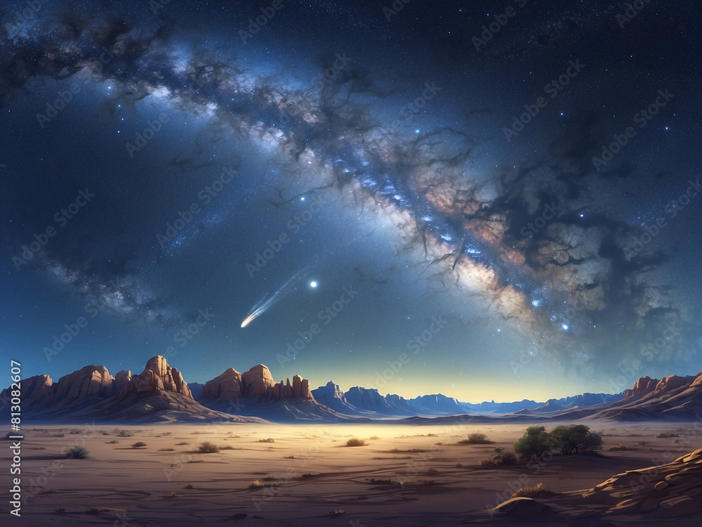 Milky Way galaxy and a desert view, impressive outworldly cosmic experience on the earth Milky Way galaxy and a desert view, impressive outworldly cosmic experience on the earth