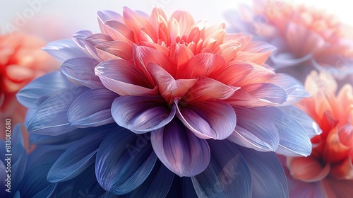   A pink-and-blue flower with a blurry red-and-blue foreground background