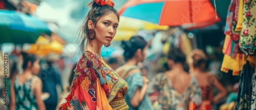 A vibrant street fashion showcase, mixing traditional Thai fabrics with modern designs, set against the backdrop of a bustling city market