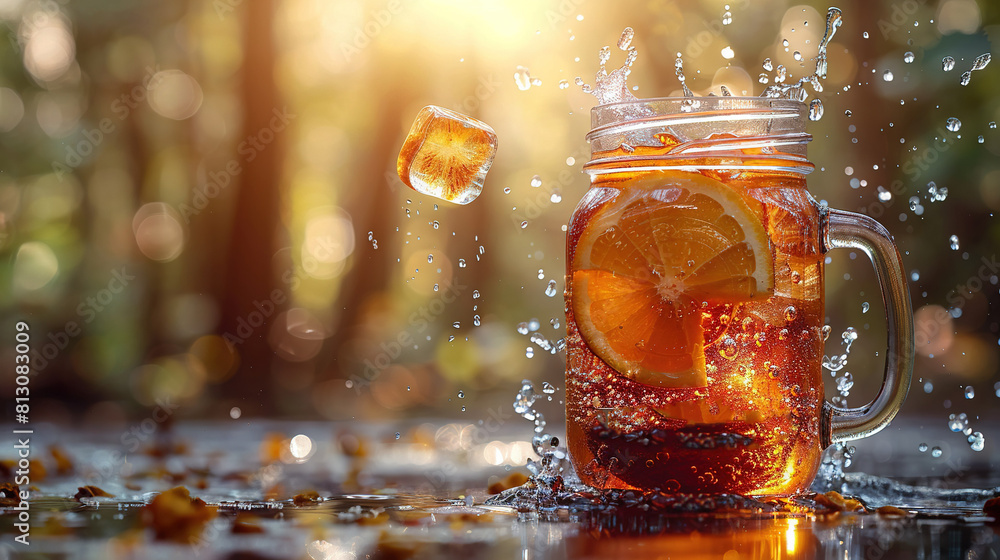 An orange-filled mason jar with water splashing on top An orange-filled mason jar with water splashing on top