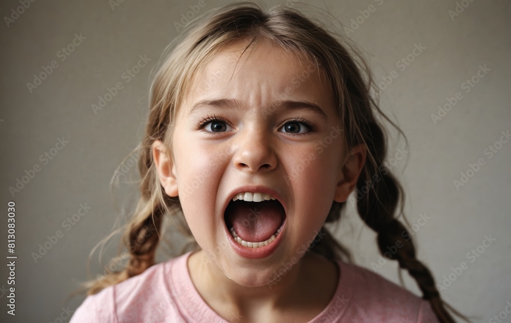 The toddler is screaming happily with her mouth wide open The toddler is screaming happily with her mouth wide open