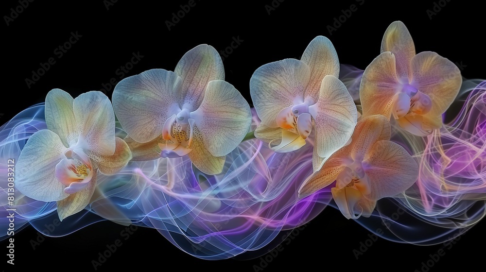 White and Yellow Orchids on Black Background with Long Exposure Light in Foreground White and Yellow Orchids on Black Background with Long Exposure Light in Foreground