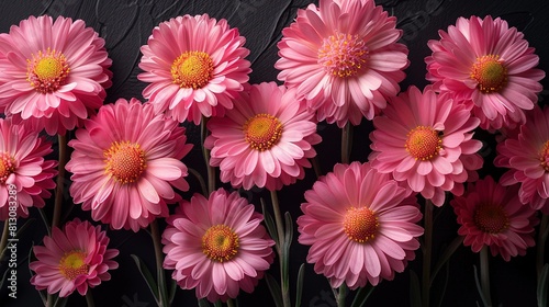  Pink flowers arranged on a black background against a black wall