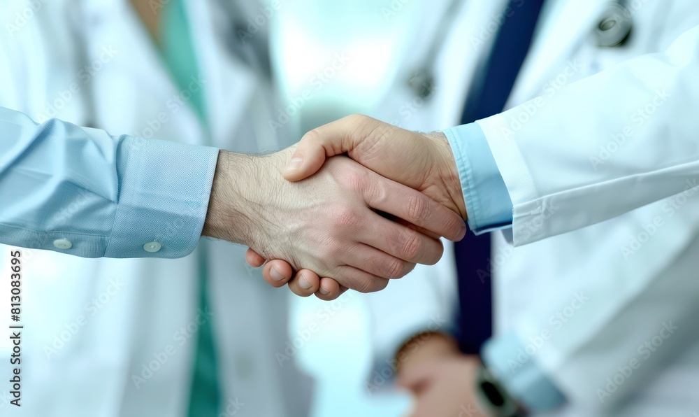 Handshake between doctors and patient, illustrating trust and professional commitment in healthcare settings Handshake between doctors and patient, illustrating trust and professional commitment in healthcare settings