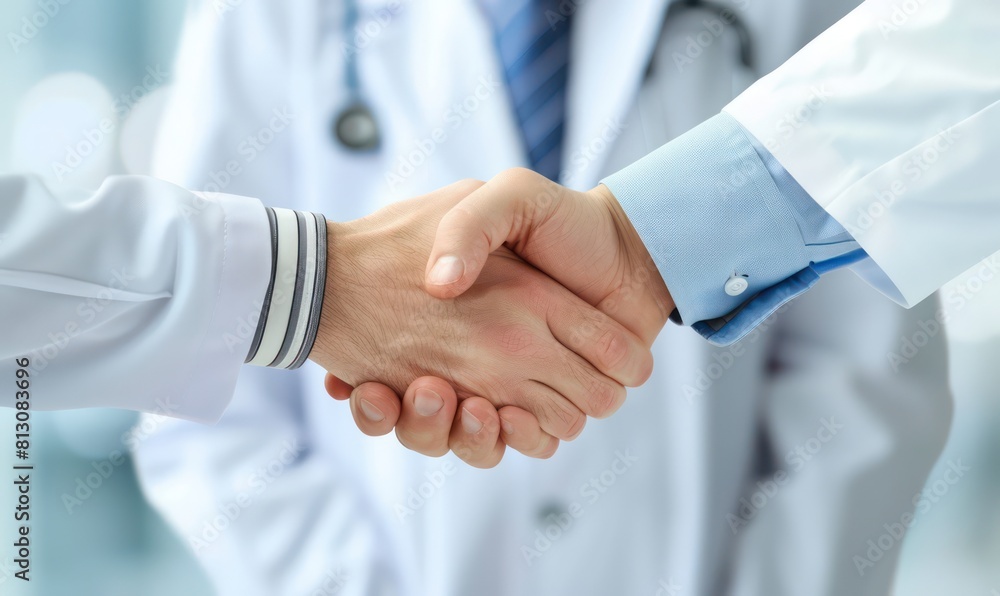 Handshake between doctors and patient, illustrating trust and professional commitment in healthcare settings Handshake between doctors and patient, illustrating trust and professional commitment in healthcare settings