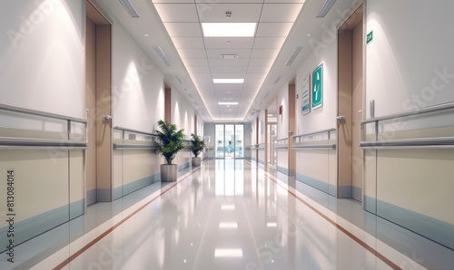 Modern corridor and hall architecture in a healthcare facility  designed for efficient movement of doctors  patients  and medical staff