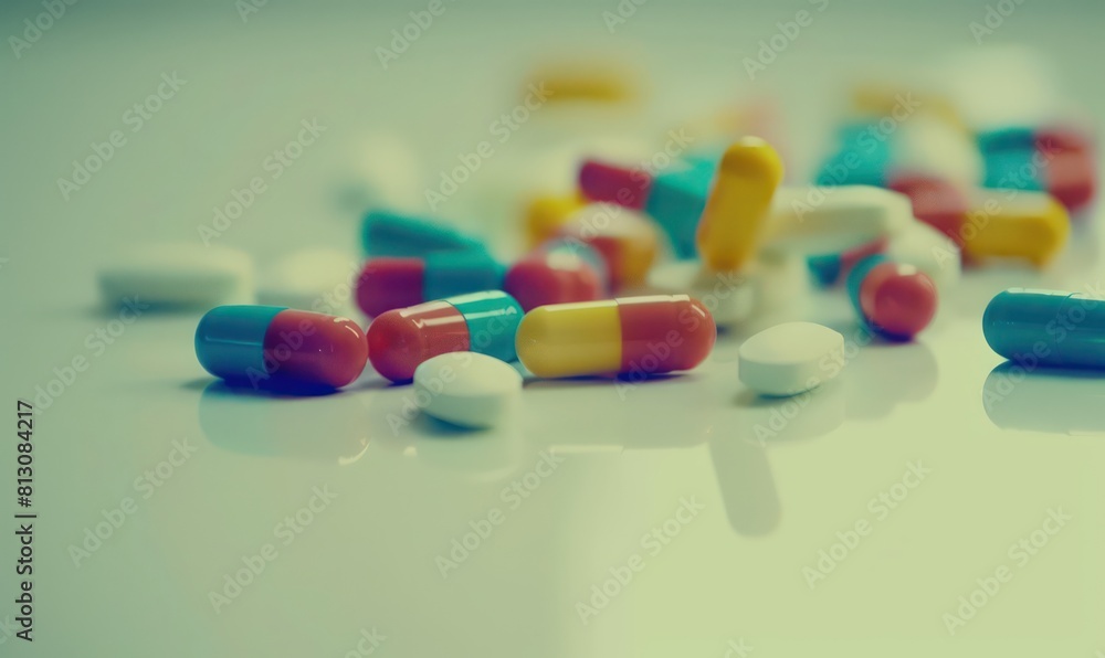 A variety of pills and capsules in different shapes and sizes, illustrating common forms of medication found in pharmacies A variety of pills and capsules in different shapes and sizes, illustrating common forms of medication found in pharmacies