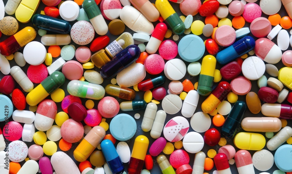A variety of pills and capsules in different shapes and sizes, illustrating common forms of medication found in pharmacies A variety of pills and capsules in different shapes and sizes, illustrating common forms of medication found in pharmacies