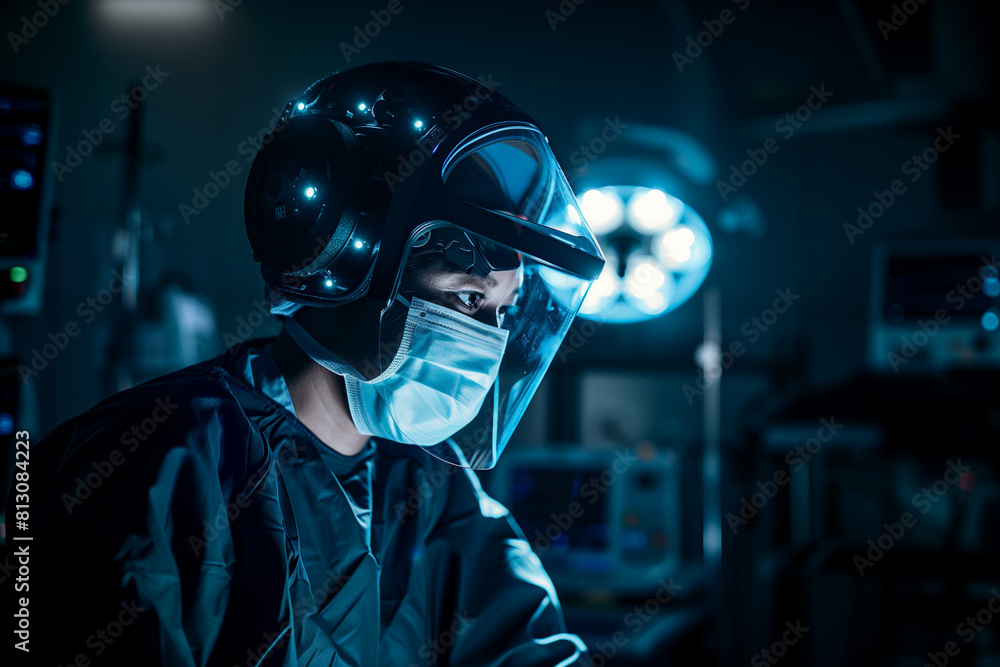 dark backdrop, the intense concentration of a surgeon wearing a surgical mask and helmet, illuminated by focused lighting in the operating room. The image highlights the advanced m dark backdrop, the intense concentration of a surgeon wearing a surgical mask and helmet, illuminated by focused lighting in the operating room. The image highlights the advanced m