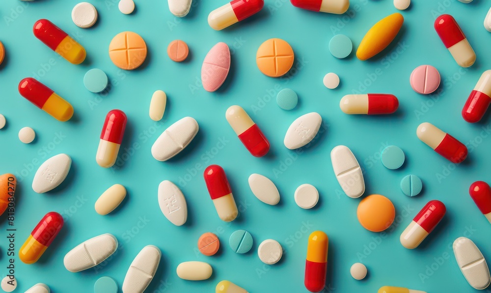 A variety of pills and capsules in different shapes and sizes, illustrating common forms of medication found in pharmacies A variety of pills and capsules in different shapes and sizes, illustrating common forms of medication found in pharmacies