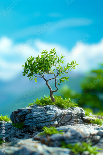 A small tree growing on top of a rock.