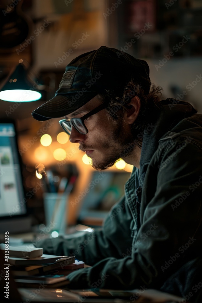 A man, VetalVit, a creative graphic designer, is sitting at a desk focused on working on a computer to enhance digital projects A man, VetalVit, a creative graphic designer, is sitting at a desk focused on working on a computer to enhance digital projects
