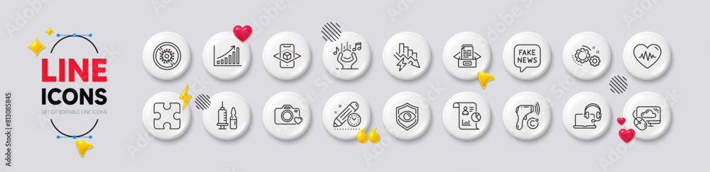 Graph chart, Photo camera and Fake news line icons. White buttons 3d icons. Pack of Report, Noise, Stop coronavirus icon. Saving electricity, Medical vaccination, Documents box pictogram. Vector Graph chart, Photo camera and Fake news line icons. White buttons 3d icons. Pack of Report, Noise, Stop coronavirus icon. Saving electricity, Medical vaccination, Documents box pictogram. Vector