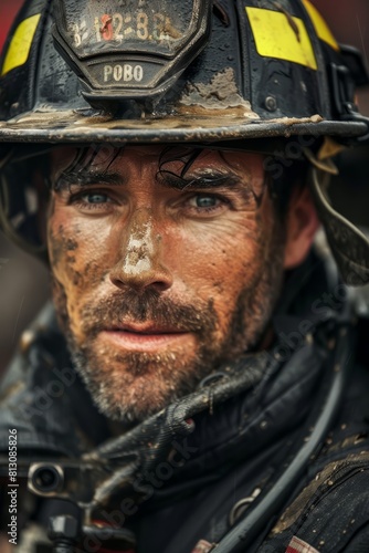 A close up photo of a firefighter wearing a protective helmet, showcasing their readiness for action in emergency situations. The focus is on the firefighters gear and determined expression