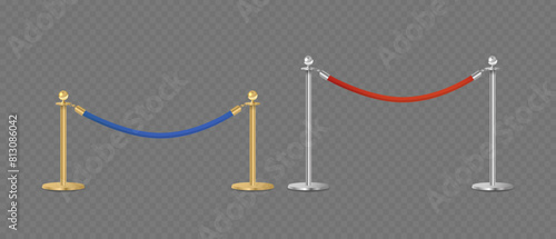 Luxurious Golden And Silver Stanchions Connected By Blue And Red Velvet Ropes. Isolated Realistic 3d Vector Metal Posts
