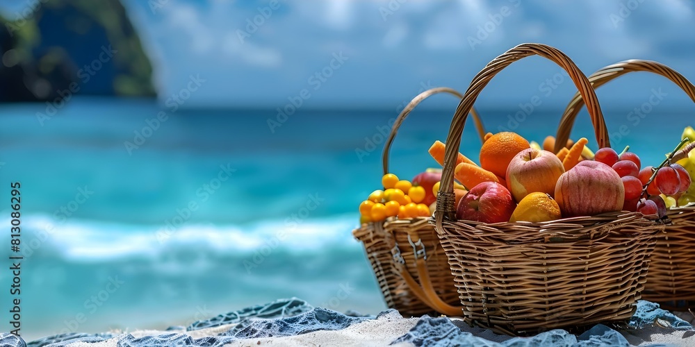Gourmet picnic baskets set against stunning beach scenery. Concept Gourmet Picnic Baskets, Beach Scenery, Summertime Dining, Outdoor Dining Experience, Luxury Picnic Settings Gourmet picnic baskets set against stunning beach scenery. Concept Gourmet Picnic Baskets, Beach Scenery, Summertime Dining, Outdoor Dining Experience, Luxury Picnic Settings