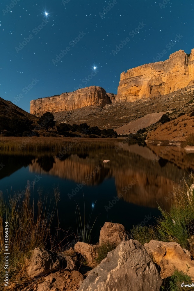 A lake reflects the starlit night sky, surrounded by towering mountains in the darkness.