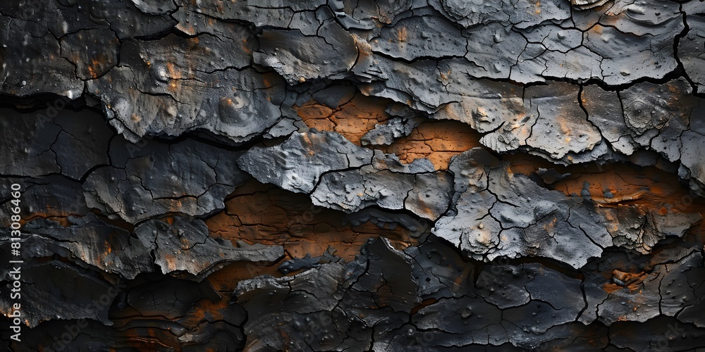 Peeling burnt bark revealing vibrant orange underlayers Peeling burnt bark revealing vibrant orange underlayers