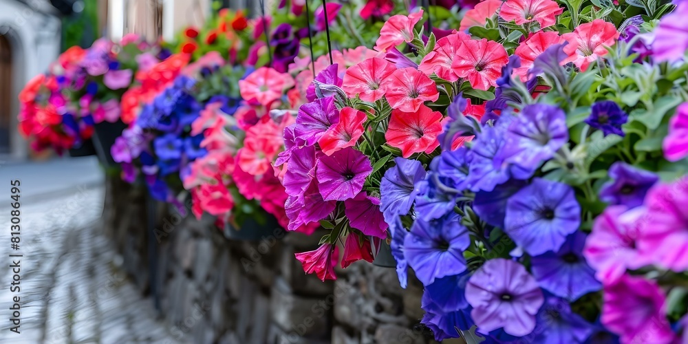 Closeup of colorful petunias in hanging baskets along a cobblestone alleyway. Concept Floral Photography, Hanging Baskets, Cobblestone Alleyway, Closeup Shots, Colorful Petunias Closeup of colorful petunias in hanging baskets along a cobblestone alleyway. Concept Floral Photography, Hanging Baskets, Cobblestone Alleyway, Closeup Shots, Colorful Petunias