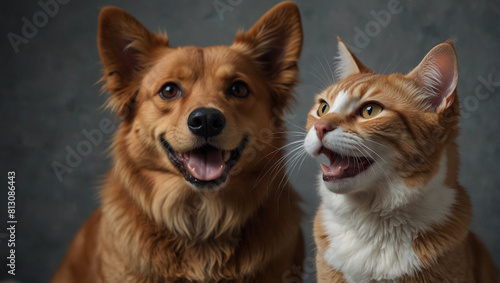 A ginger cat and a brown dog are lying 