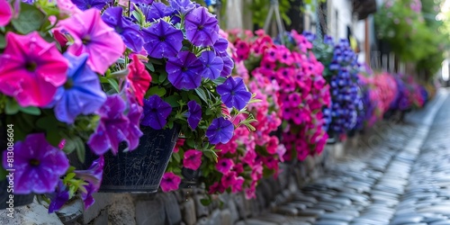 Vibrant petunias in hanging baskets lining a cobblestone alleyway. Concept Flower Photography  Hanging Baskets  Cobblestone Alleyway  Vibrant Petunias