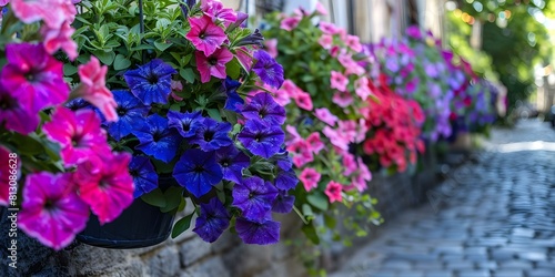 Colorful Petunias in Hanging Baskets Along a Cobblestone Alleyway. Concept Gardening  Flower Arrangement  Hanging Baskets  Cobblestone Streets  Outdoor Decor