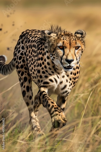 A sleek cheetah is captured mid-sprint as it swiftly maneuvers through the tall grass of the wild savannah. Its powerful muscles propel it forward, showcasing its natural agility and speed