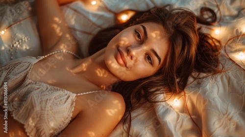 Beautiful Girl Laying on Bed With Christmas Lights