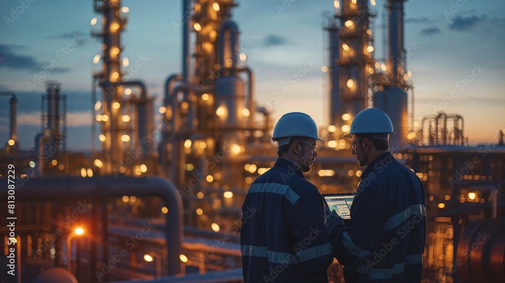Two engineers engaged in discussion against the backdrop of an oil refinery, power plant, and the setting sun Two engineers engaged in discussion against the backdrop of an oil refinery, power plant, and the setting sun