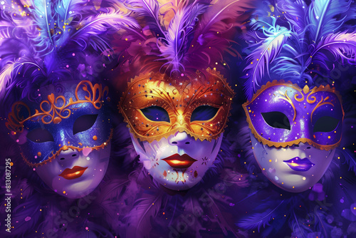 Fantasy comes alive with these masquerade masks in a blend of festive purples and oranges, set against a backdrop of carnival excitement. AI Generated © Denis Mamin