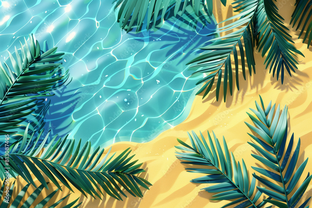 Naklejka premium Immerse in the sublime underwater view of a sandy beach with palm shadows, crafted in this tranquil AI-generated illustration.