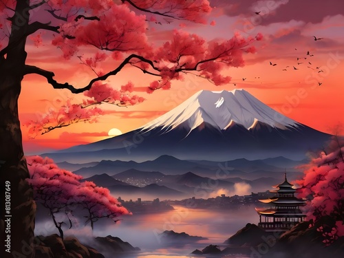 high quality  In the serene style of Japanese sumi-e  a portrayal of the first red sunrise gracing the silhouette of Mount Fuji  harmonized with the gentle allure of plum blossoms Generative AI