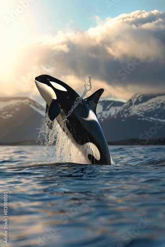 A black and white orca jumps out of the water, showcasing its powerful and graceful movement as it breaches the surface with a splash