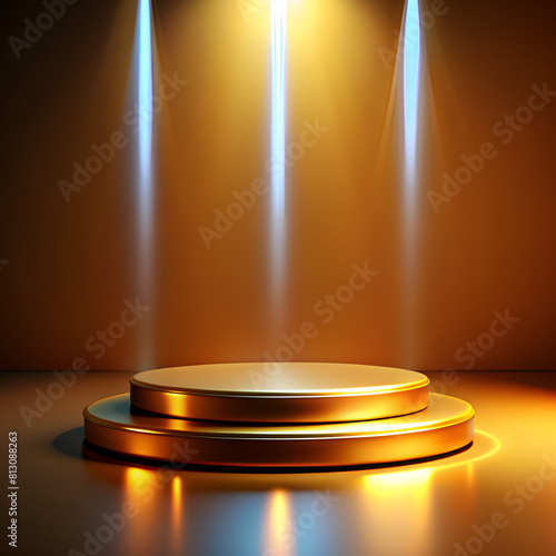 Two-stage gold podium or pedestal, or cosmetic stage for product presentation, studio lighting. Yellow background.